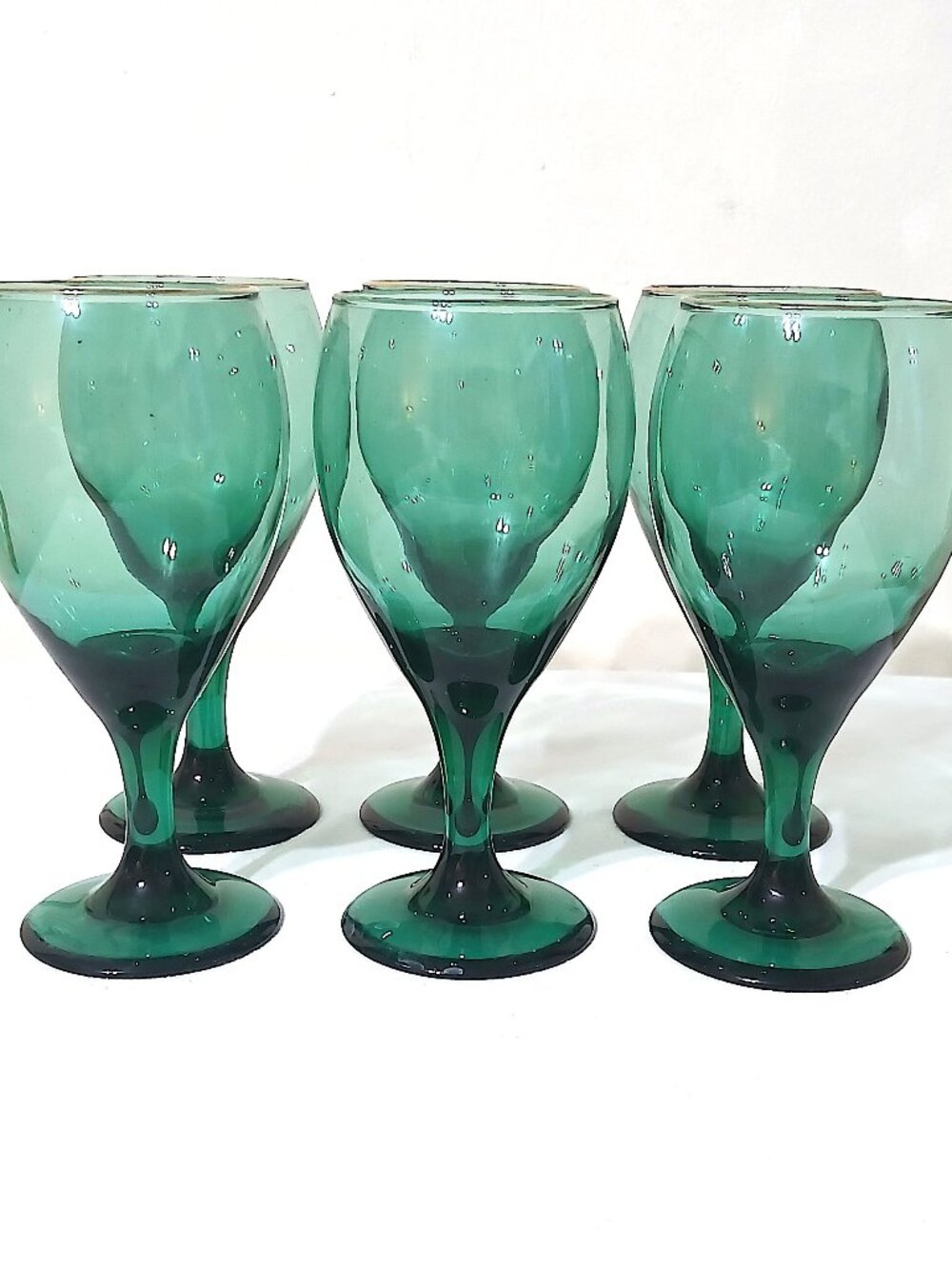 Vintage Emerald Green Wine Glasses Gold Rim Set of 6 Goblets Barware